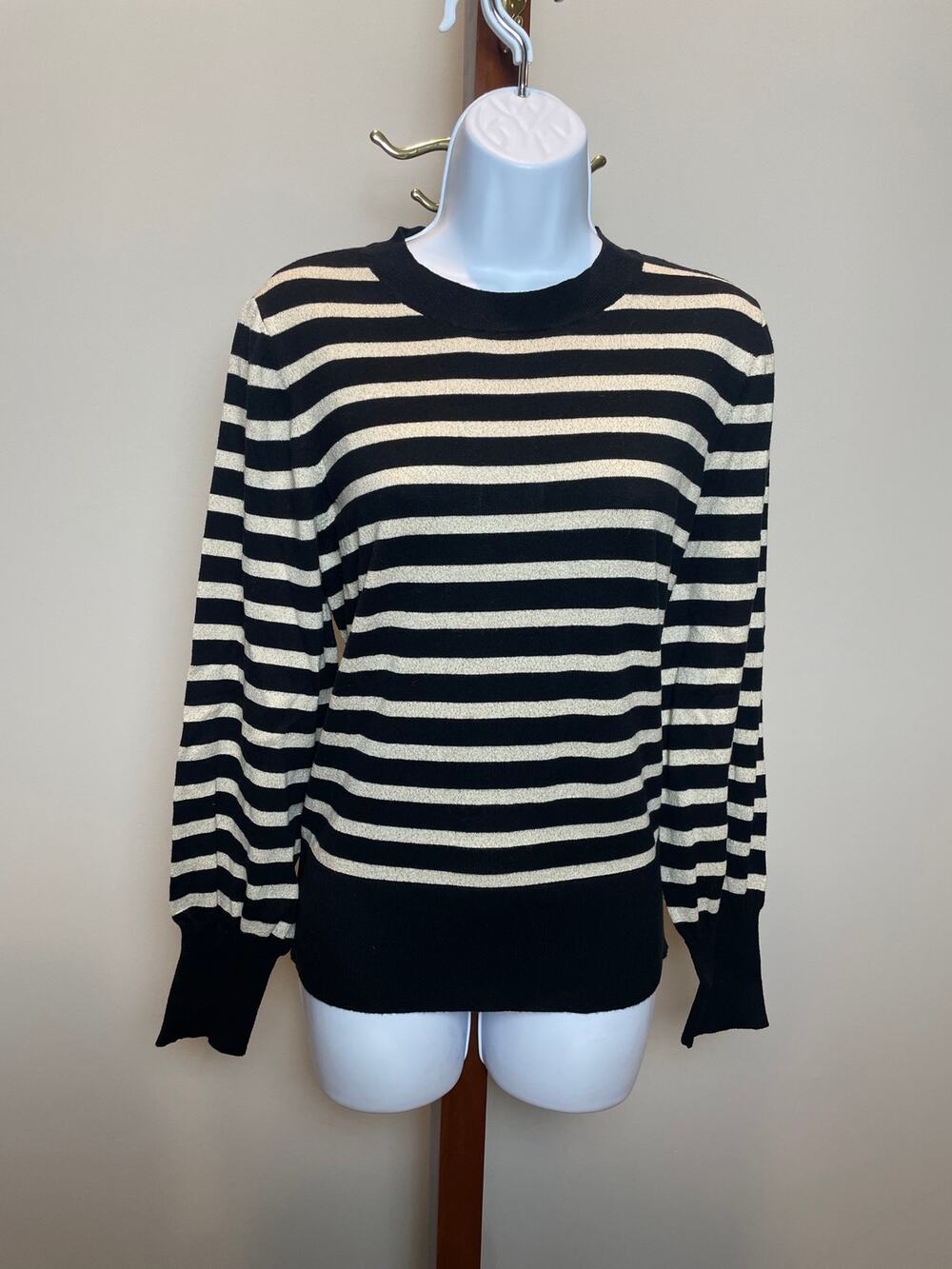 Loft Outlet Black Gold Stripe Knit Sweater Size XL Lightweight